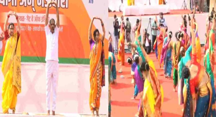 International Yoga Day 2023: भाजपा महिला मोर्चातर्फे नऊवारीमध्ये योग प्रात्यक्षिके