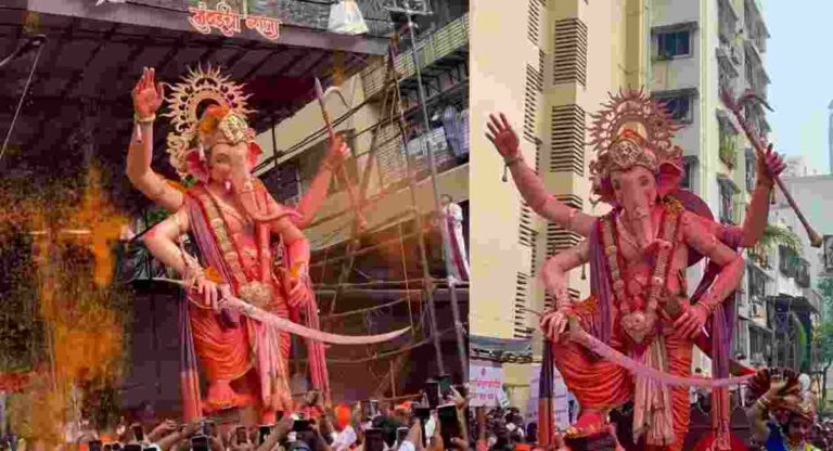 Mumbai Cha Raja Visarjan : मुंबईचा राजा विसर्जन मिरवणुकीत शिवराय प्रकटले; नाचगाणे थांबवून गणेशभक्त शांत राहिले